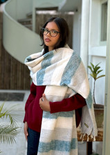 Hand-loomed Beige Blue Yak Wool Blanket