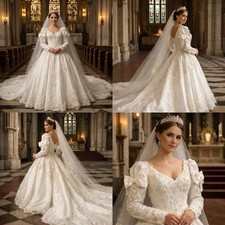 Vintage Mori Lee Cathedral Train Princess Wedding Dress Long Sleeve Beaded