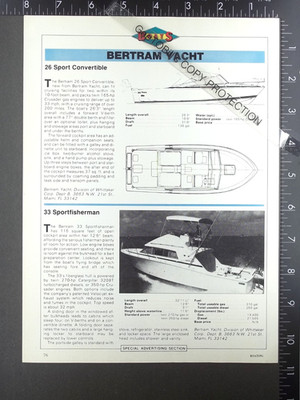 1982 1-pg. FEATURE on Bertram 26 Sport Convertible, 33 Sportfisherman yacht boat