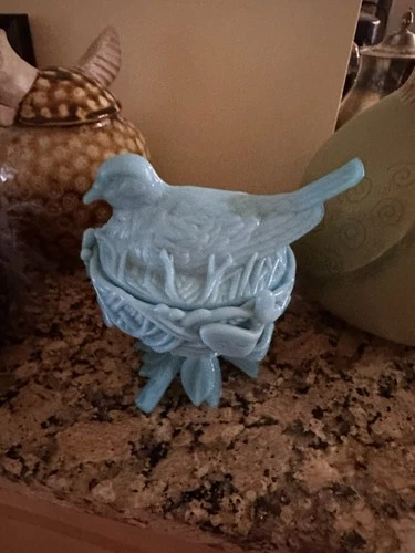 Vtg Westmoreland Robin Bird Dove On Nest Footed Bowl Dish & Lid Blue Milk Glass