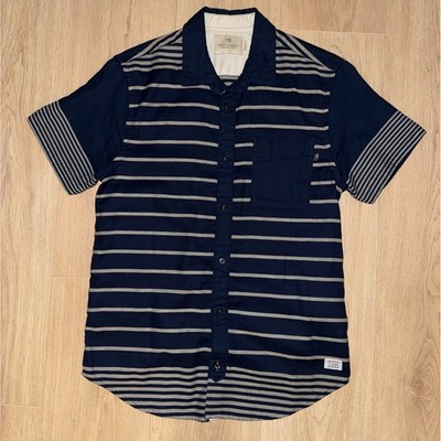 Scotch & Soda Mens Navy Blue White Striped Short Sleeve Button Down Shirt Small