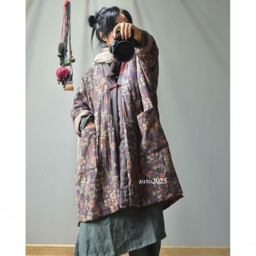 Pastoral Style Womens Long Quilted Jacket Oversize Cotton Robe Patchwork Coat L - Picture 7 of 16