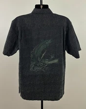 GUY HARVEY AFTCO Mens Large Gray Olive Marlin Print Short Sleeve Button Shirt