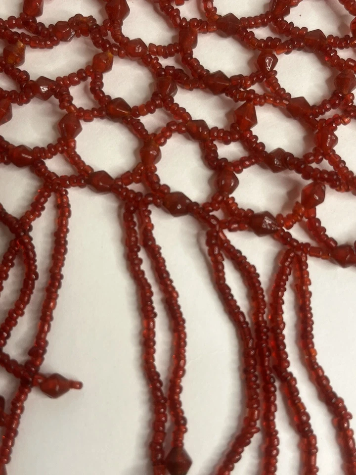Rare vintage red glass bead crochet woven table scarf - Image 3 of 4