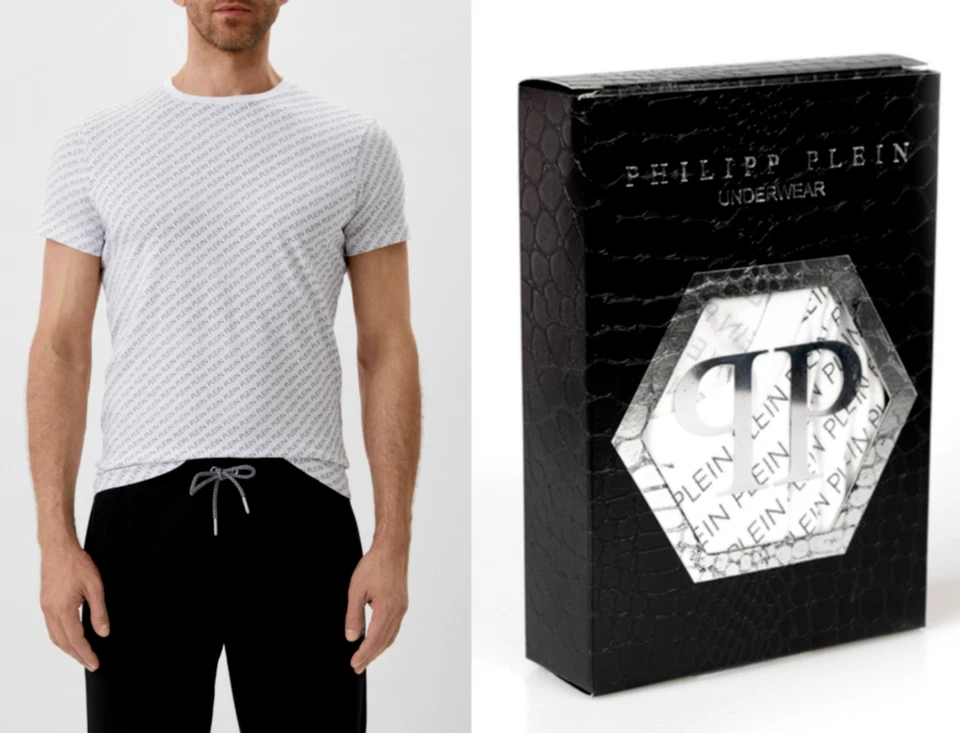 PHILIPP PLEIN COMFORT STRETCH T-SHIRT ALL OVER LOGO LOUNGE TOP ICONIC SHIRT WOW - Bild 4 von 4