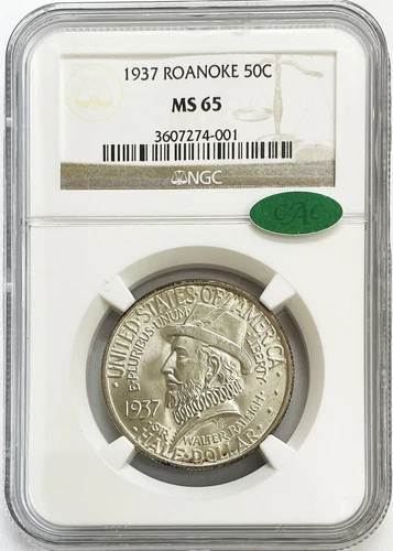 1937 US ROANOKE 50c COMMEMORATIVE SILVER COIN NGC MINT STATE 65 CAC