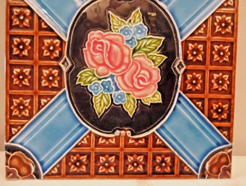 Antique Tile Majolica Art Nouveau DK Japan Ceramic Floral Motif Rose Pink Decora - Picture 4 of 7