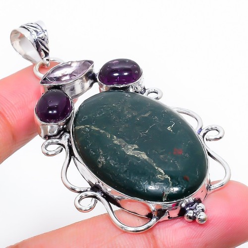 Pendentif En Pierre De Sang Naturelle Rouge Et Argent 925 - Longueur 2 Pouces - Neuf Sans Emballage