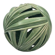 Palmetto Decorative Ceramic Ball Palm Leaf Green Glaze Cut Out 6” Hang Or Table