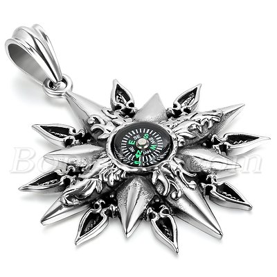 Men's Vintage Stainless Steel Titan Compass Pendant Necklace Chain Unique Design