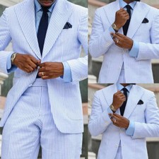 Leisure Men's Blue Seersucker Suit Formal Peak Lapel Wedding Groom Party Tuxedos