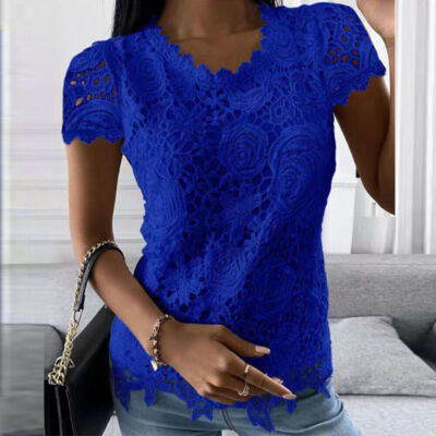 Damen Spitze Kurzarm T-Shirt Elegant Sommer Bluse Hemd Freizeit Tunika Oberteile