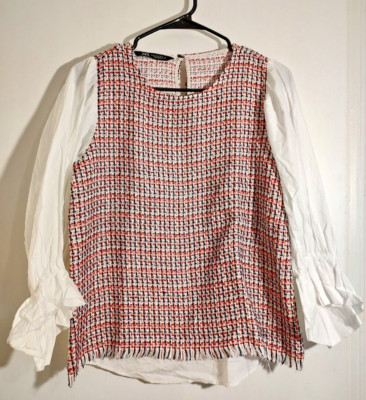 Zara Woman Contrast Tweed Blouse White Pink Size XS Ruffle 3/4 Sleeve Crew Neck 