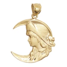 New 14k Yellow Gold Crescent Moon With Lady Pendant