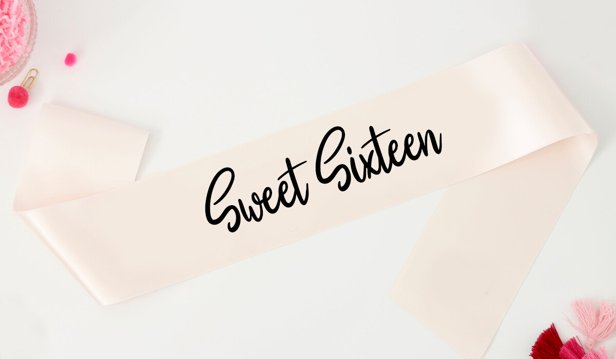 16th Birthday Party Sash - Luxury Rose God with Black Text. Sweet Sixteen Gift