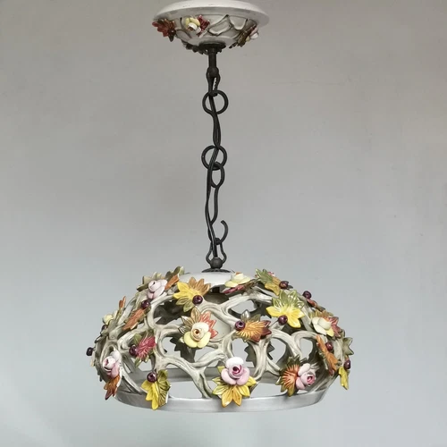 ANTIQUE ITALIAN BASSANO CAPODIMONTE PORCELAIN FLOWERS PENDANT CEILING LIGHT VTG