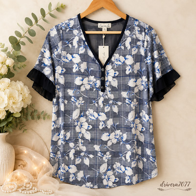 Emi & Joe Women's XL Floral Print Blouse Blue White Short Sleeve New With Tags