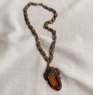 Antique Czech Amber Glass Filigree Pendant Necklace Rhinestone Chain Art Deco