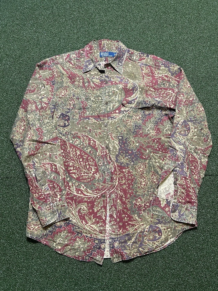 Camisa Polo Ralph Lauren Para Hombre Vintage Estampado Paisley Manga Larga Con Botones M Foto 2 de 4