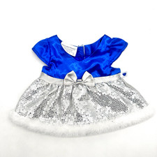 Build A Bear Rare Blue Silver Sequin Faux Fur Dress Satin Girl Teddy Clothes