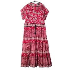 Lauren Ralph Lauren Floral Satin Cotton Tiered Maxi Dress Red 16W Boho NWT