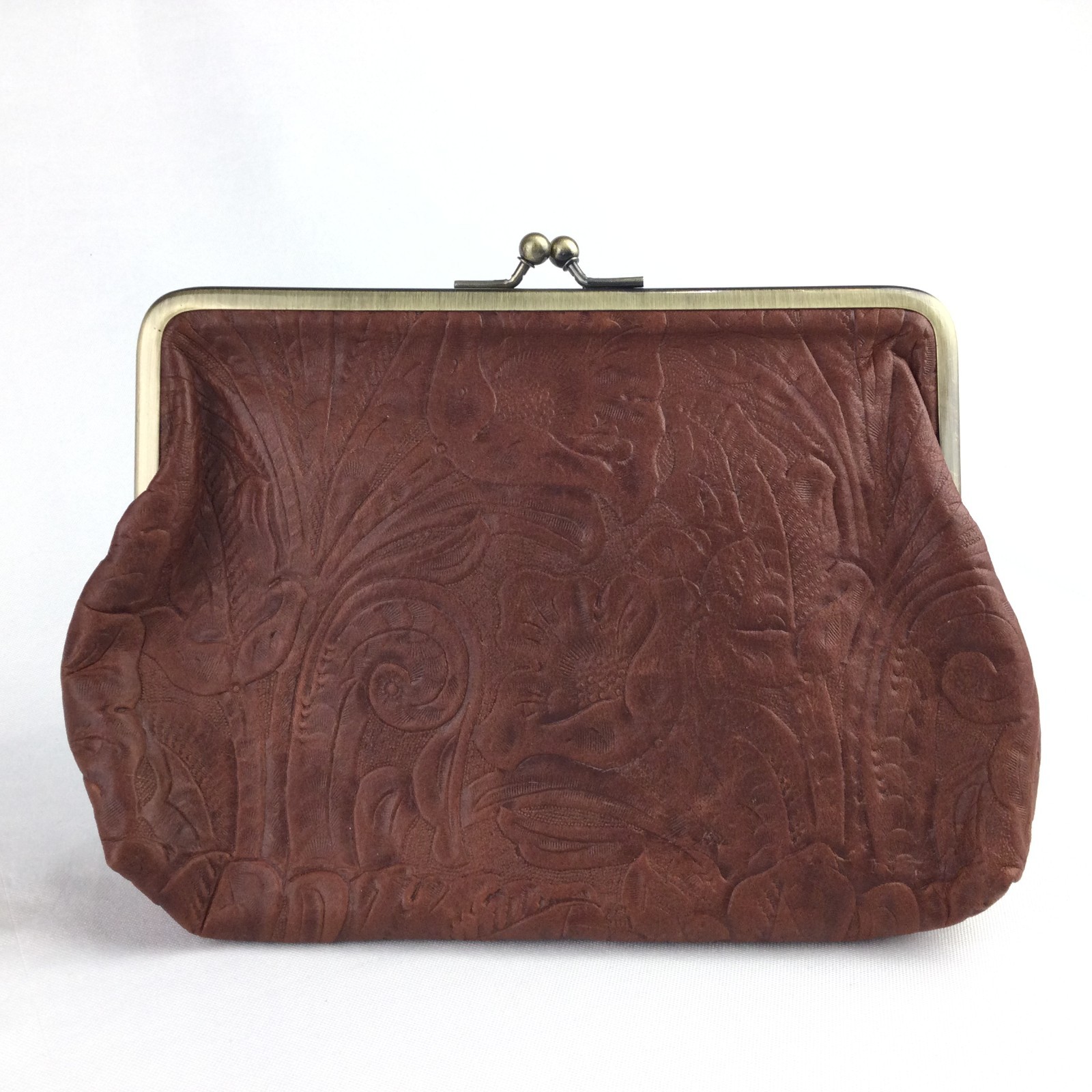 American Leather Co Bag Brown Clutch Purse Tooled Emboss Leather Kiss Clasp 9x7"