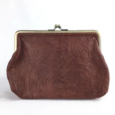 American Leather Co Bag Brown Clutch Purse Tooled Emboss Leather Kiss Clasp 9x7"