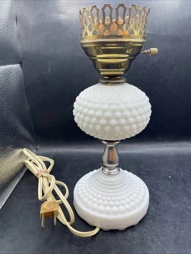 Vintage Milk Glass Hobnail Bedside Table Lamp With Brass Accents 9.5”H Works