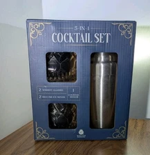 Cocktail 5 Piece Shaker Set With 2 Glasses & 2 Whiskey Bourbon Scotch Ice Mold