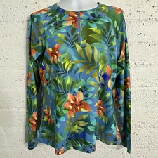 Hurley Womens Swim Top Rash Guard L Blue Floral Tropical UPF50 Long Sleeve BG8