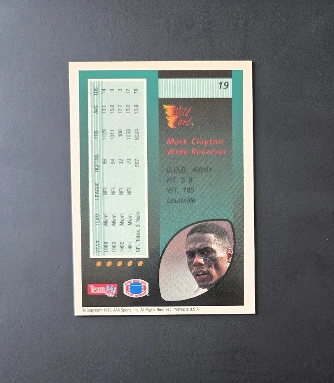 1992 Wild Card Mark Clayton #19 - 50 Stripe - Miami Dolphins - Image 2 of 2