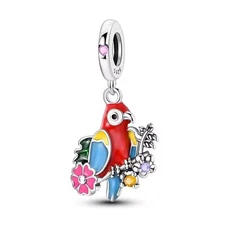 Parrot & Flowers Dangle Charm Fit Bracelet Necklace, 925 Sterling Silver