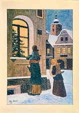 Vintage JOSEF LADA Window with Christmas Tree Stone Color Lithograph Unframed