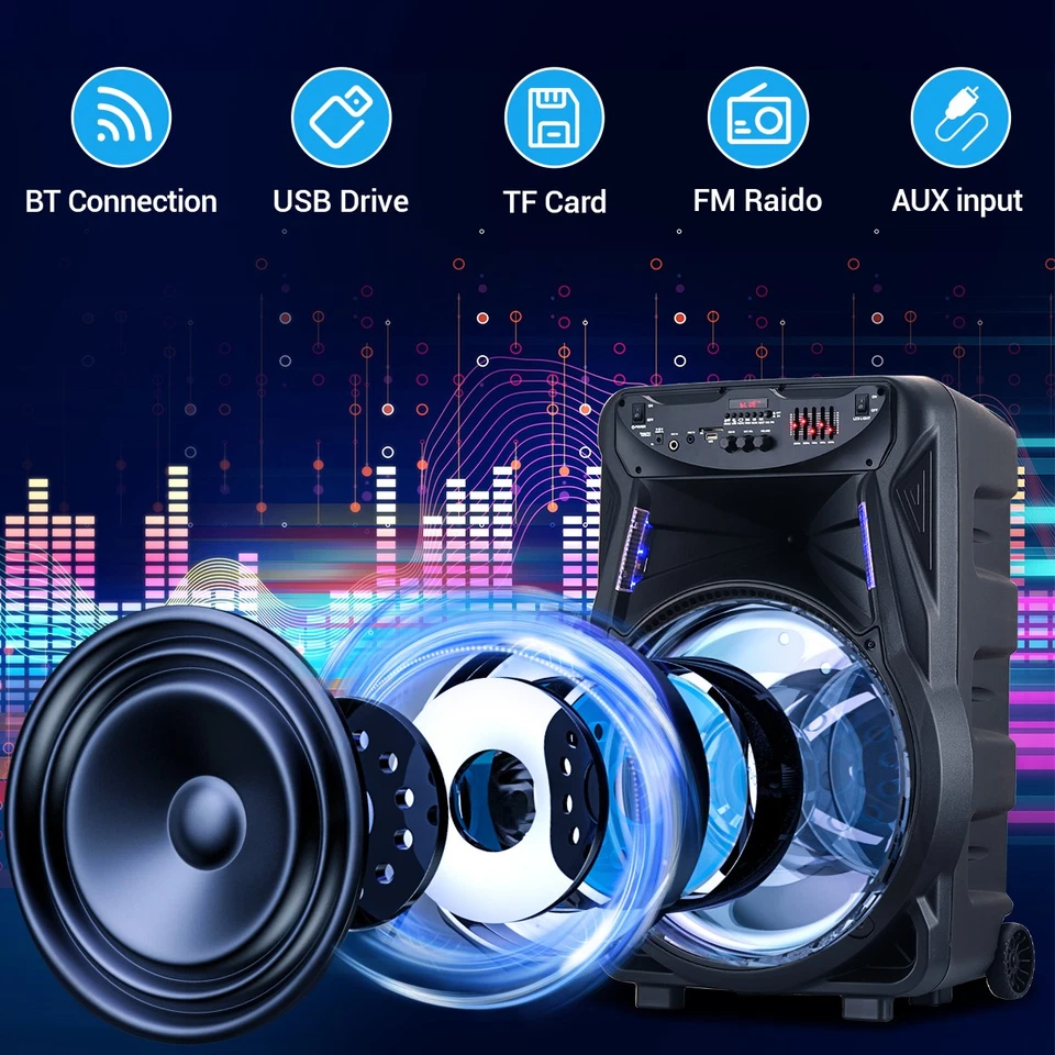 Heavy Bass 15" Subwoofer Bluetooth Speaker Trolley w/ Stand Mic DJ USB FM AUX TF - Image 3 of 4