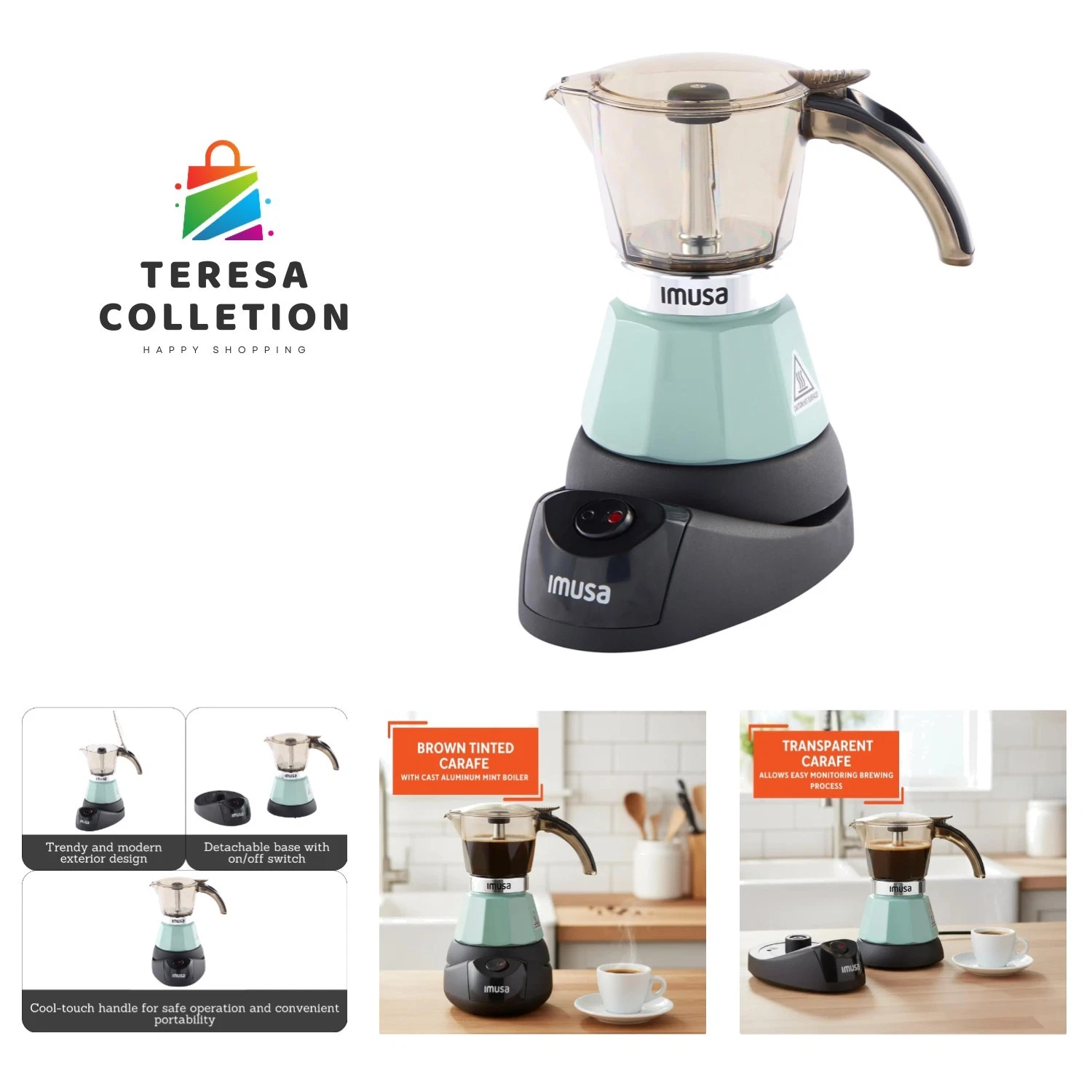 3 or 2 Cup Electric Mint Espresso Maker, Compact Moka Coffee Machine with Kee...