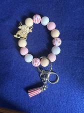 Pink White Blue Beaded Unicorn Key Chain w/ Tassel Keyring, Metal/Acrylic