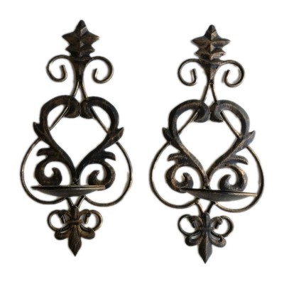 Set of 2 Fleur De Lis Wall Mounted Candle Holders Brushed Bronze Finish