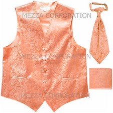 New Men's Vesuvio Napoli Paisley Tuxedo Vest Ascot Cravat Hankie set party Peach