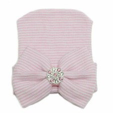 NEWBORN GIRLS HOSPITAL CAP COMING HOME HAT WHITE W/BOW  BLING US SELLER NEW 