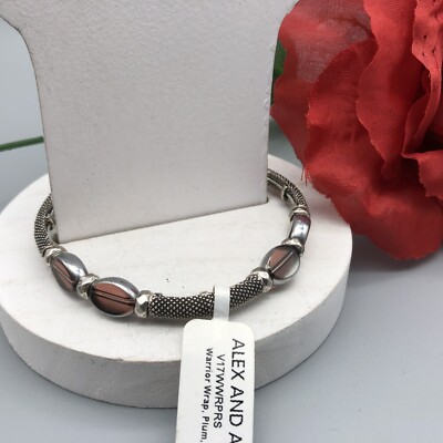 NWT Signed Alex & Ani Bangle Bracelet Warrior Wrap Silver Tone Plum Rhinestone