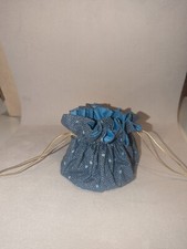 Handmade Jewelry Pouch Blue  Wht Drawstring Bag Travel 8 Compartment