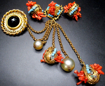 ADELE SIMPSON Turquoise & Coral Branch RARE Vintage Chatelaine Pin Earring Set
