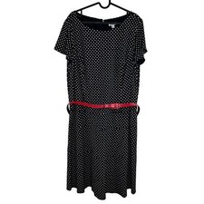 Eliza J Black and White Polka Dot Red Belted Dress Size 16W Corpcore Retro