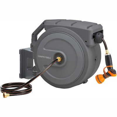Giraffe Tools Retractable Garden Hose Reel with 78-130FT Hose & Metal Bracket