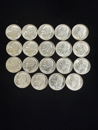 1964 Roosevelt Dime, 90% Silver 19 Coin Lot AU/BU