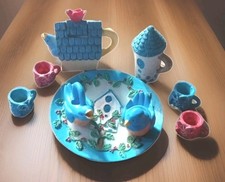 Vtg Childs Miniature Tea Set Birds Owls Blue Red 12 Pcs Dollhouse Fairy Garden