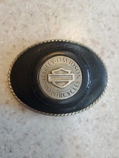 Harley-Davidson Belt Buckle, Oval, Black Leather and Silver,  3 1/2" x 2 1/2"