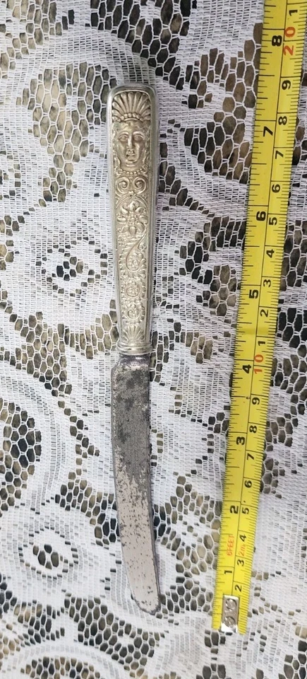 🤪¡RARO DESGASTADO c1886! CUCHILLO DE DESAYUNO DENTADO CABEZA ASIRIA CHAPADO EN PLATA🔎👀 Foto 2 de 4