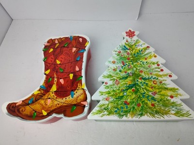 Lot Of The Pioneer Woman A Boot And A Christmas Tree Figural Treat Containers
