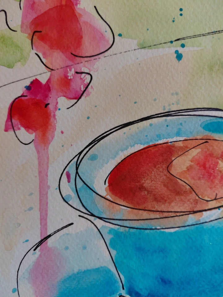 Pintura de arte impressionismo cozinha xícara de chá original MONA VIVAR 12x9 - Imagem 3 de 4